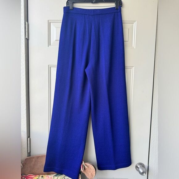 St.John 2-piece Suite Sapphire Blue Wool Blend Knit Duster,Silk Ruffle and Pants - Picture 6 of 16